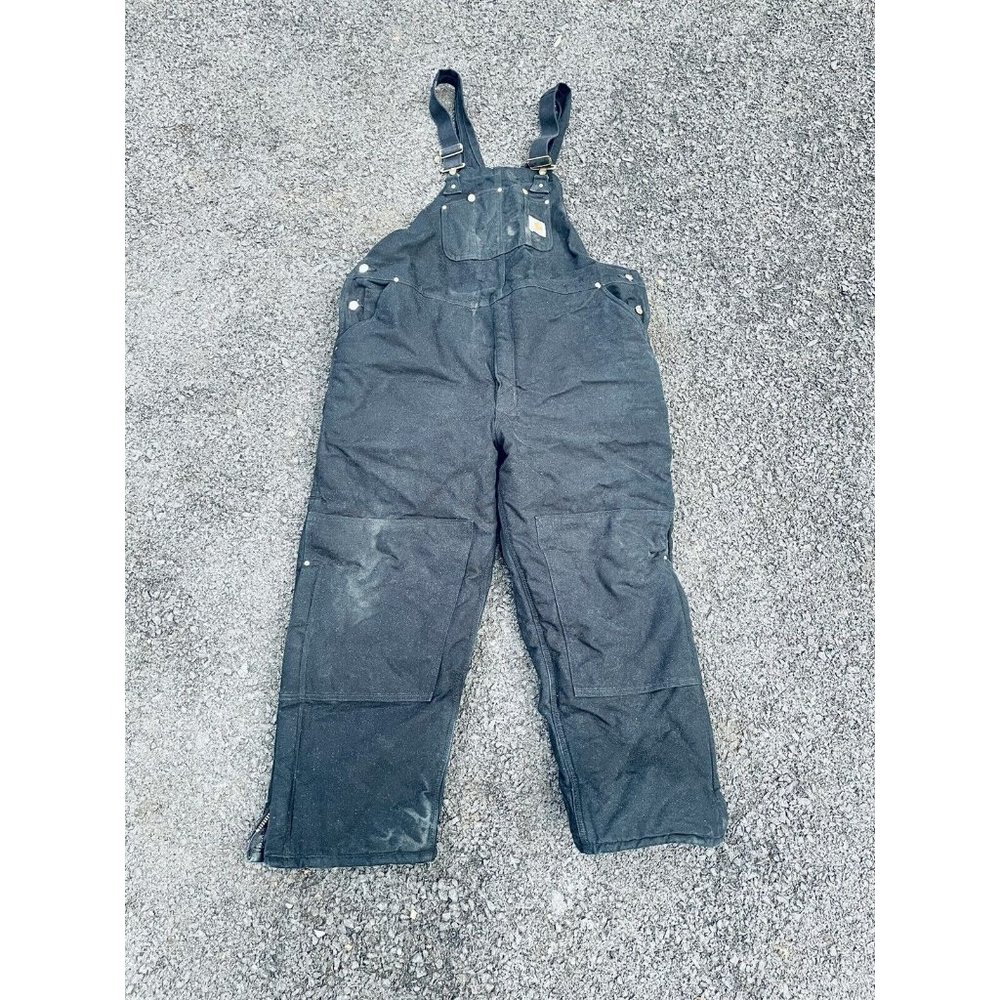 Vintage Carhartt Overalls 46x30 Black Double Knee Distressed Thick Insulated